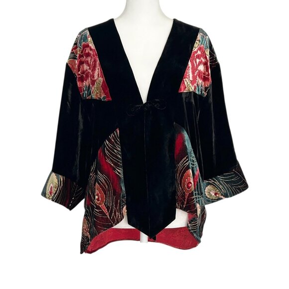 Ania A. Silk Blend Velvet Beaded Sequins Floral Peacock Artsy Kimono Cardigan S - Picture 1 of 16
